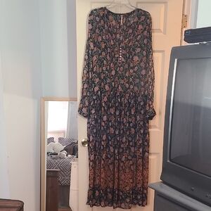 XL Free People Black Maxi Dress with Rose Floral Print